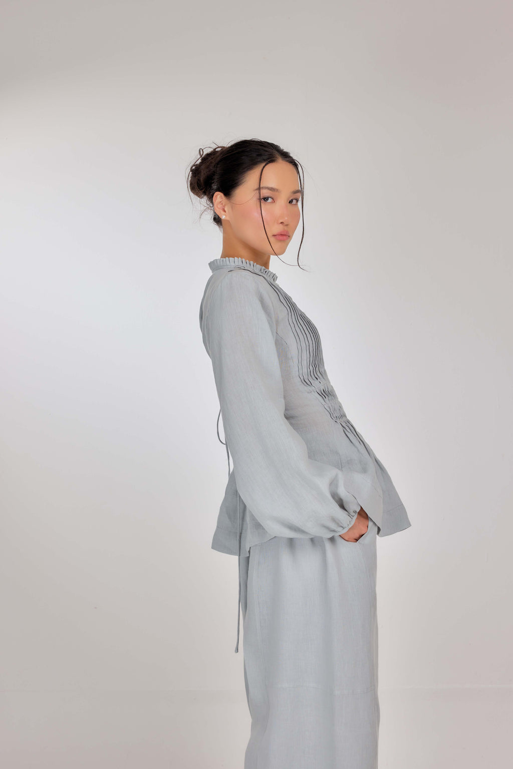 04 - Memento Pleated Lace-Up Pure Linen Top in Sugarmint
