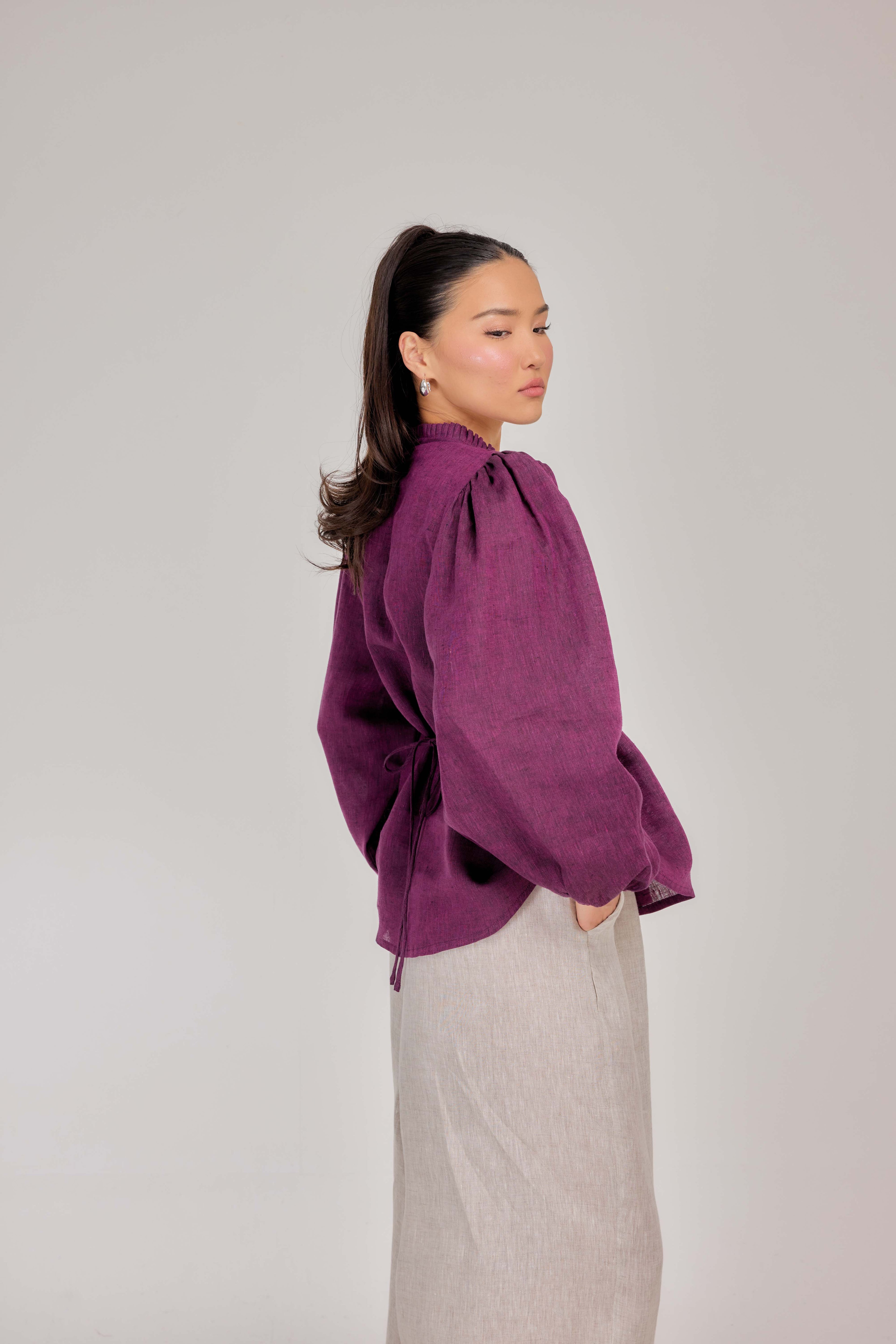 06 - The Daydream Tie-Waist Mélange Pure Linen Top in Mulberry