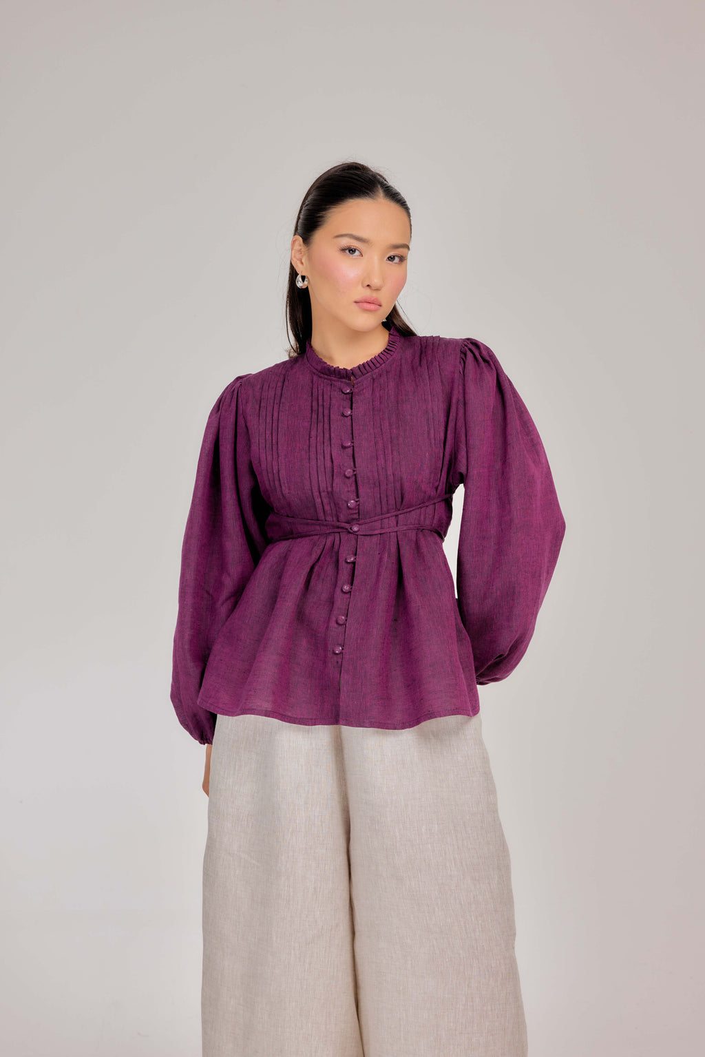 06 - The Daydream Tie-Waist Mélange Pure Linen Top in Mulberry
