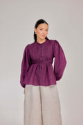 06 - The Daydream Tie-Waist Mélange Pure Linen Top in Mulberry