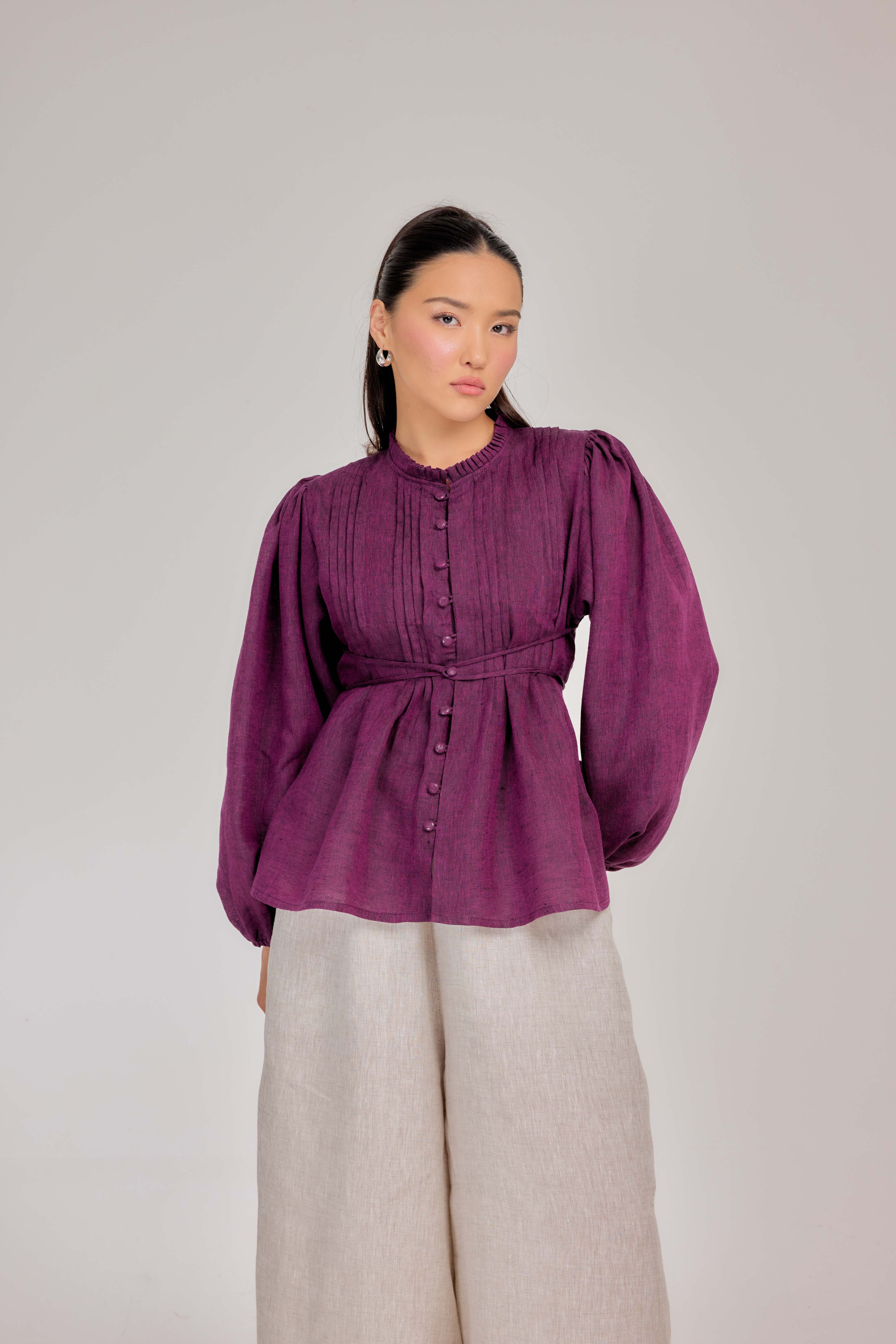 06 - The Daydream Tie-Waist Mélange Pure Linen Top in Mulberry