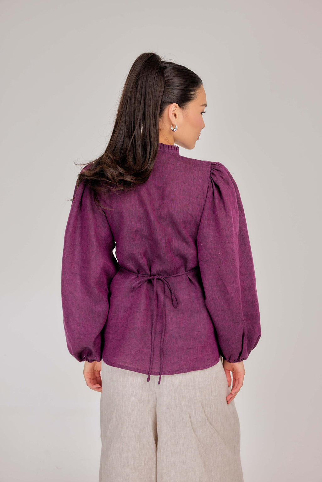 06 - The Daydream Tie-Waist Mélange Pure Linen Top in Mulberry