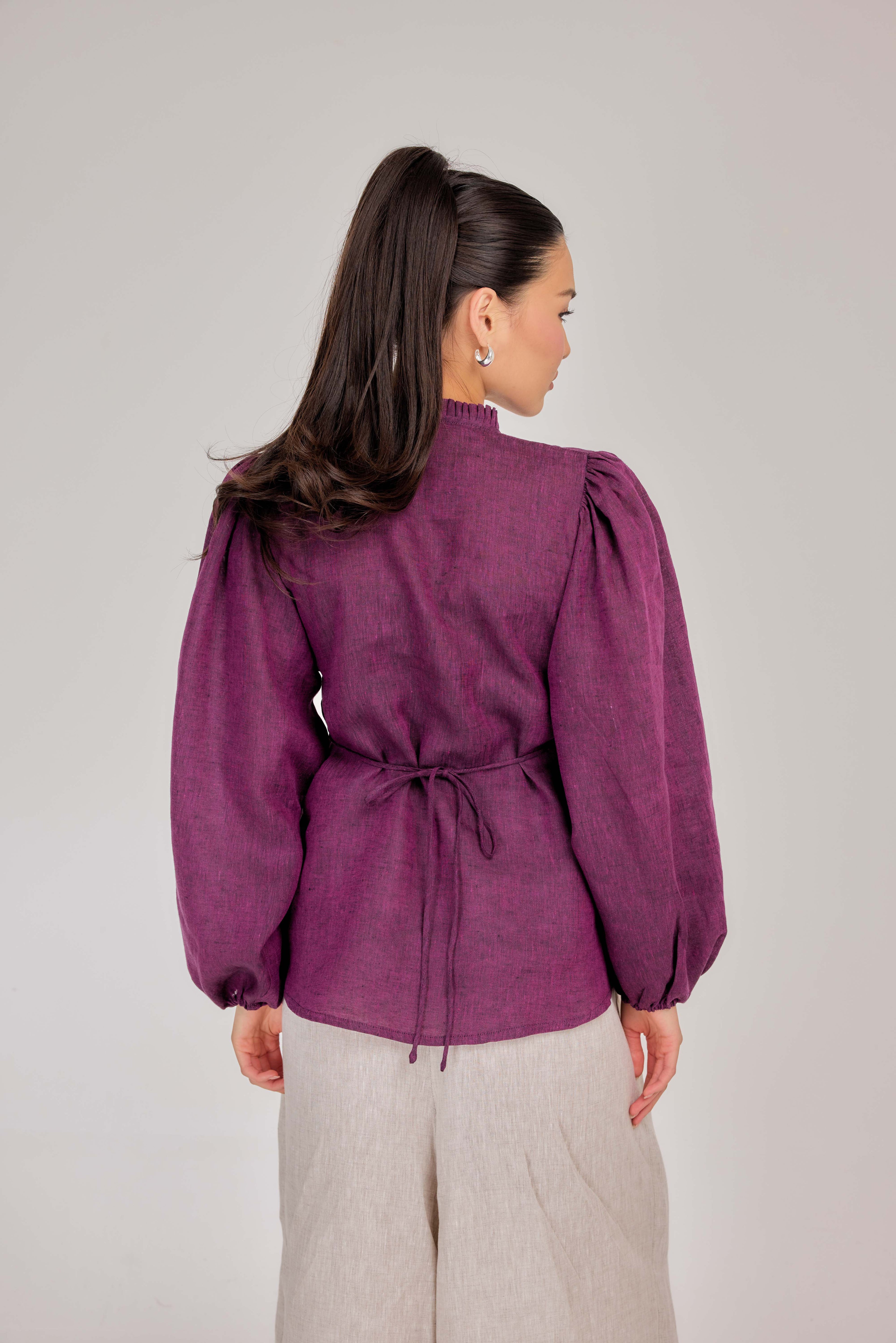 06 - The Daydream Tie-Waist Mélange Pure Linen Top in Mulberry