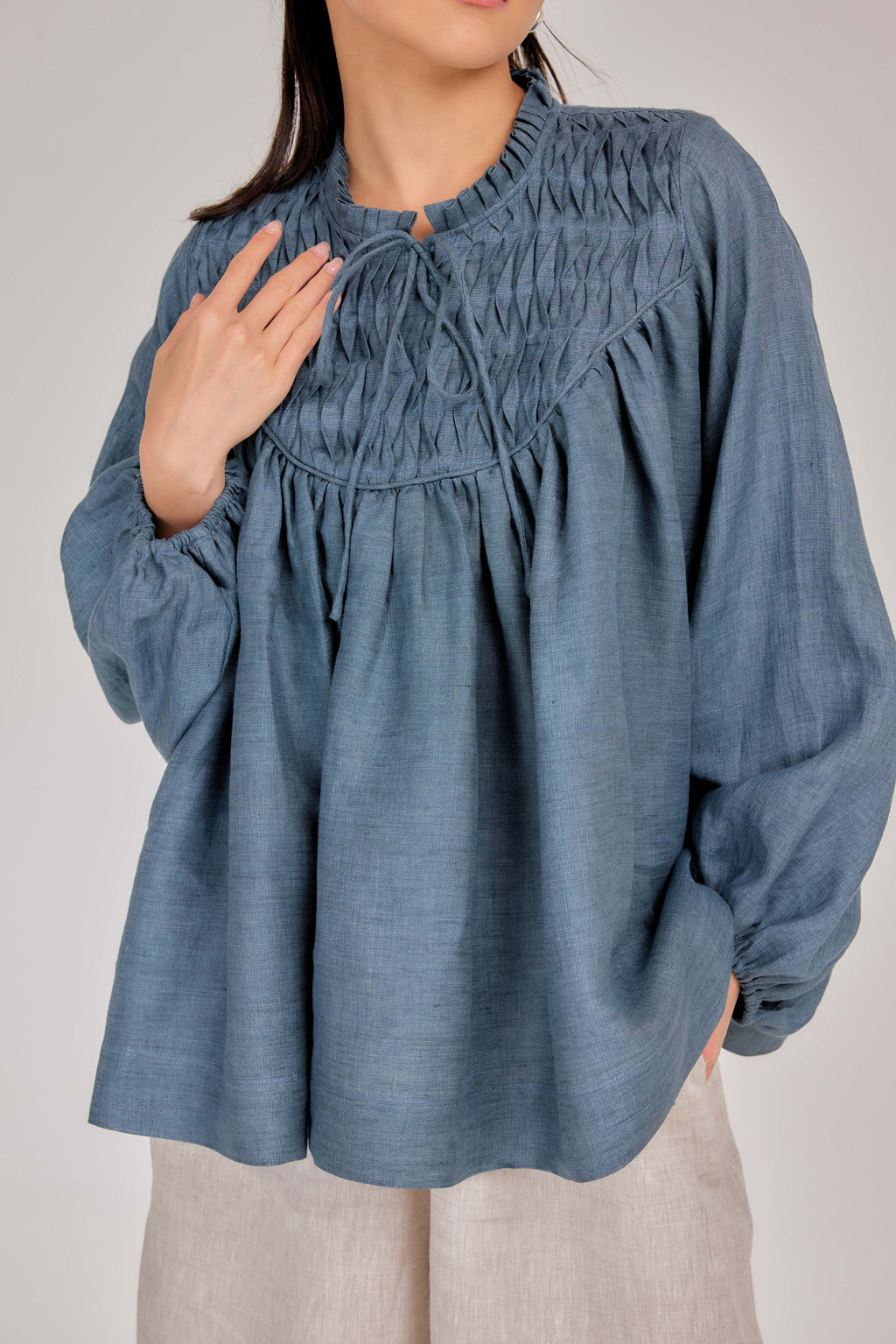 06 - The Heirloom Wave-Pleated Mélange Pure Linen Blouse in Coastal Blue