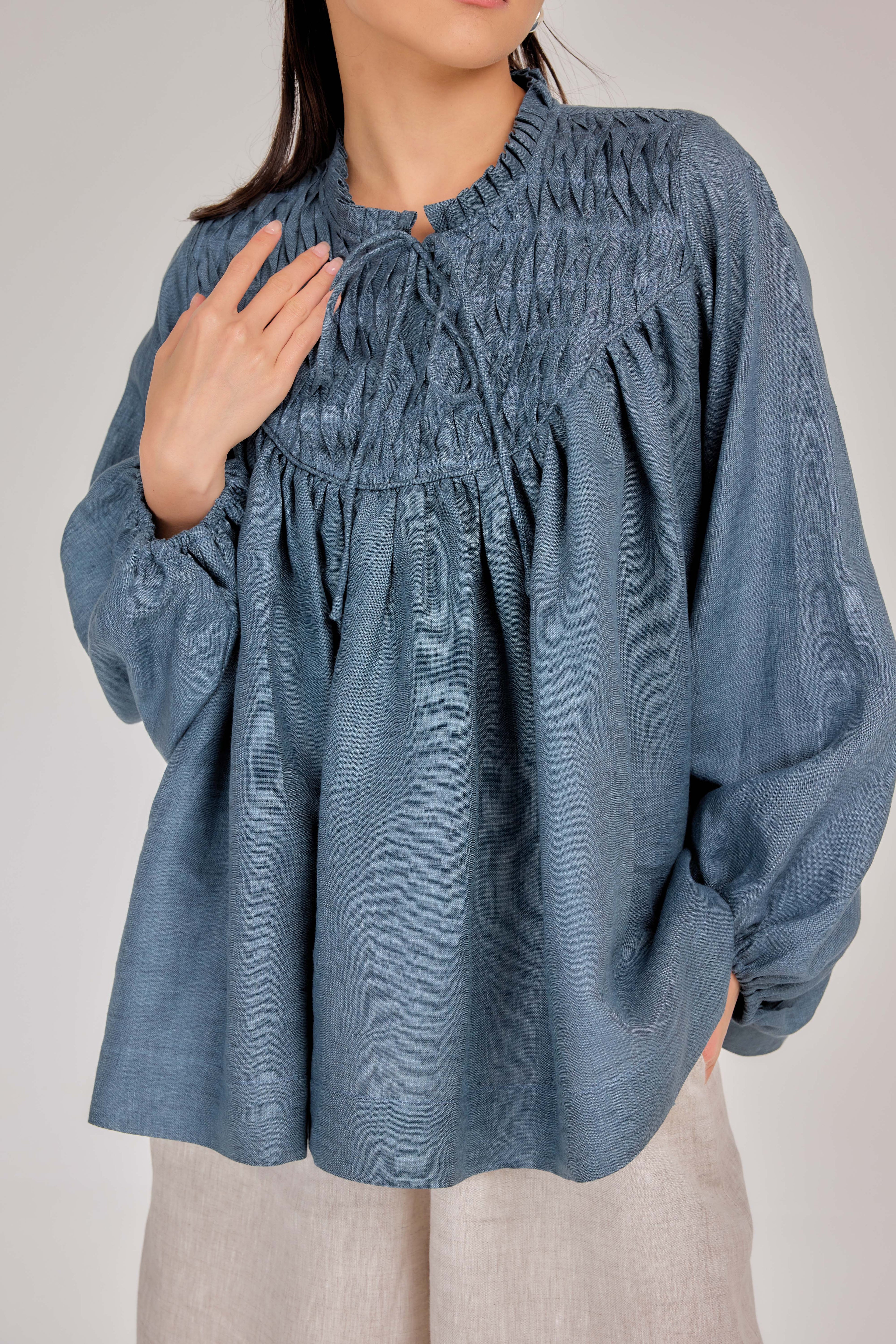 06 - The Heirloom Wave-Pleated Mélange Pure Linen Blouse in Coastal Blue