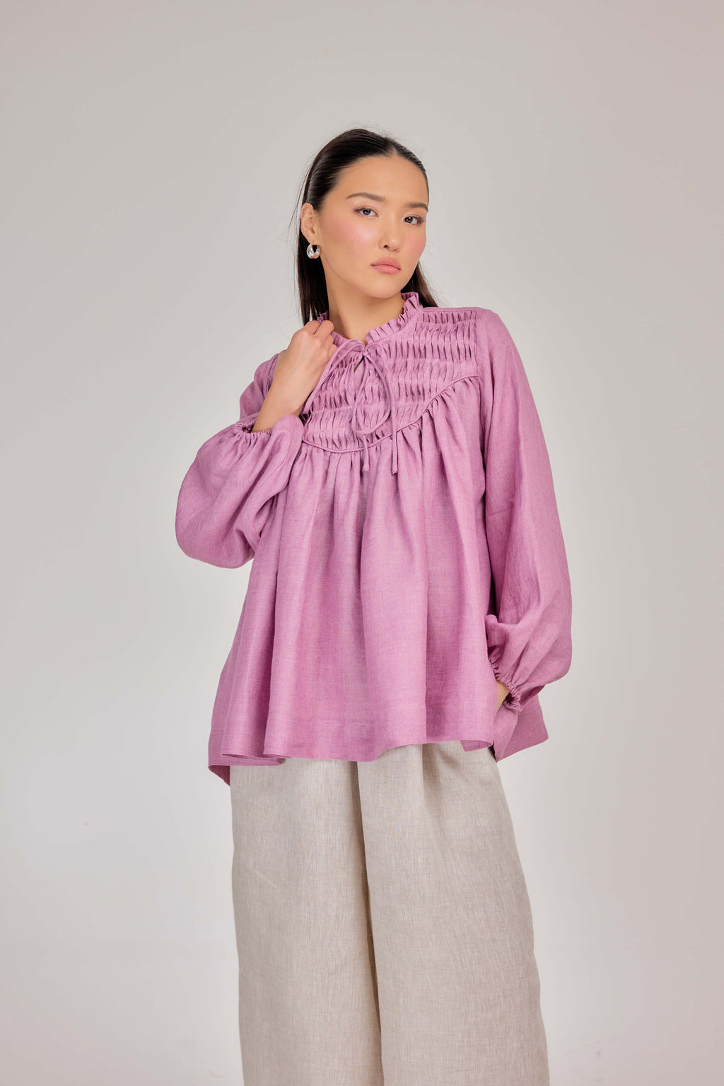 13 - The Heirloom Wave-Pleated Pure Linen Blouse in Raspberry