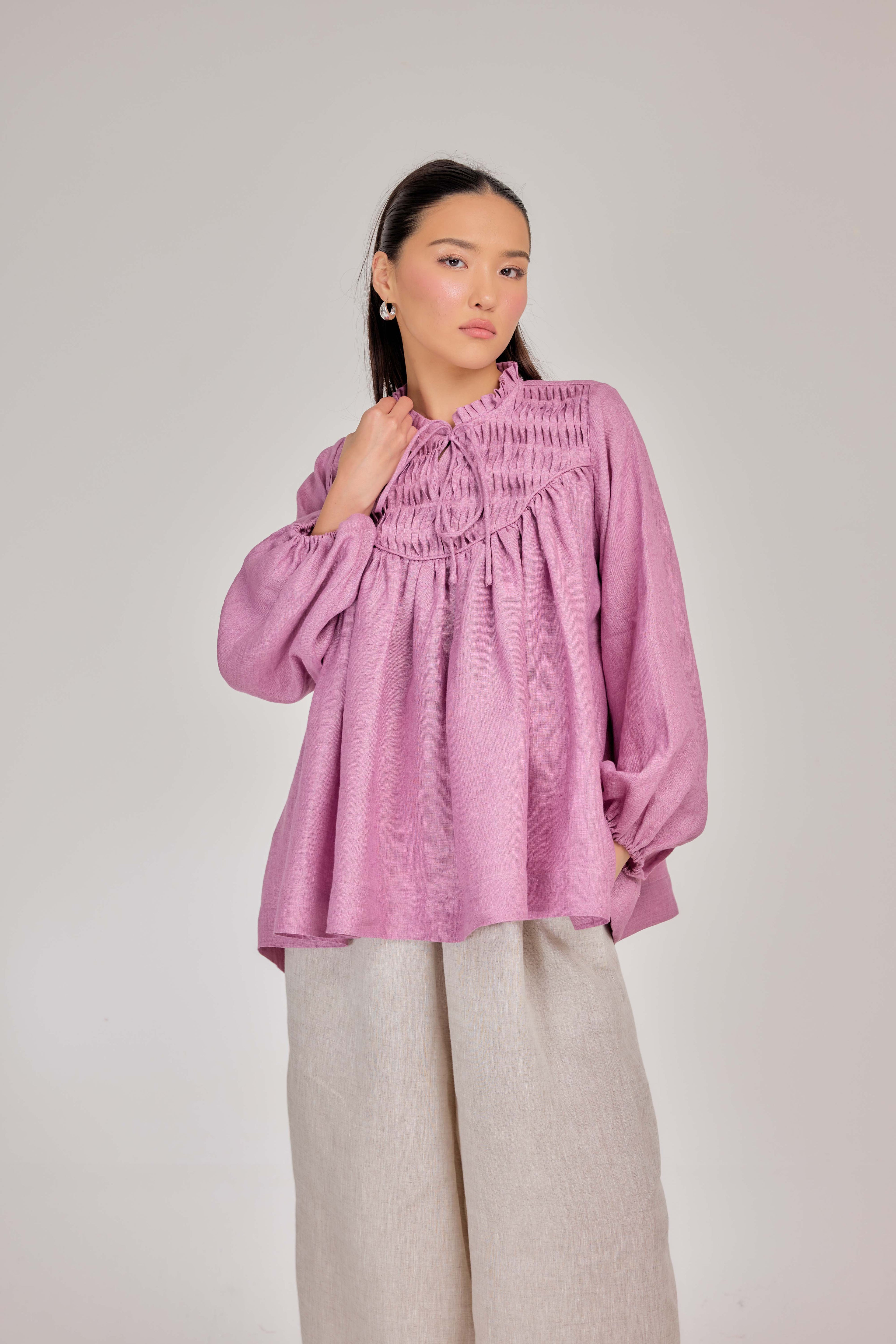 13 - The Heirloom Wave-Pleated Pure Linen Blouse in Raspberry