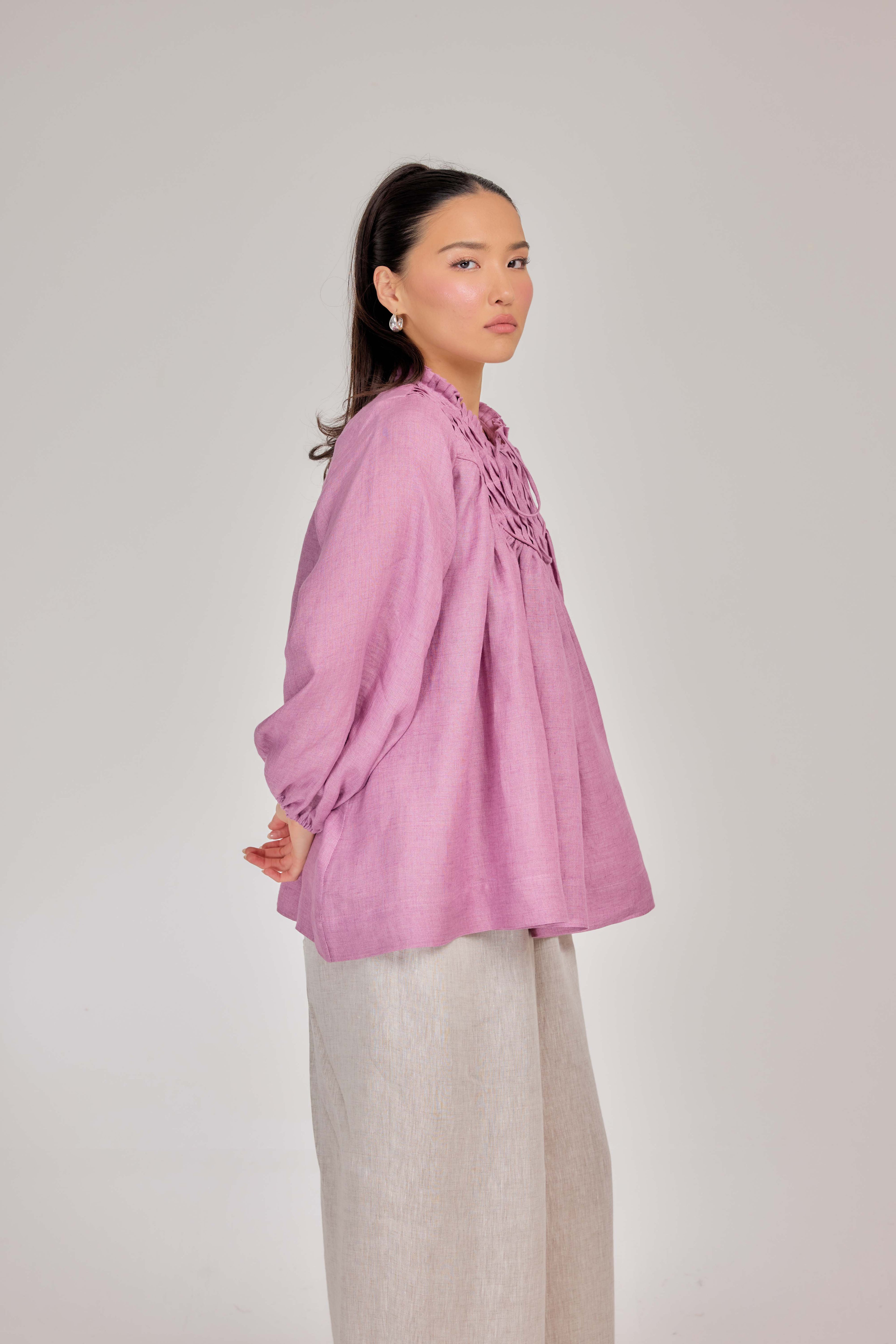 13 - The Heirloom Wave-Pleated Pure Linen Blouse in Raspberry