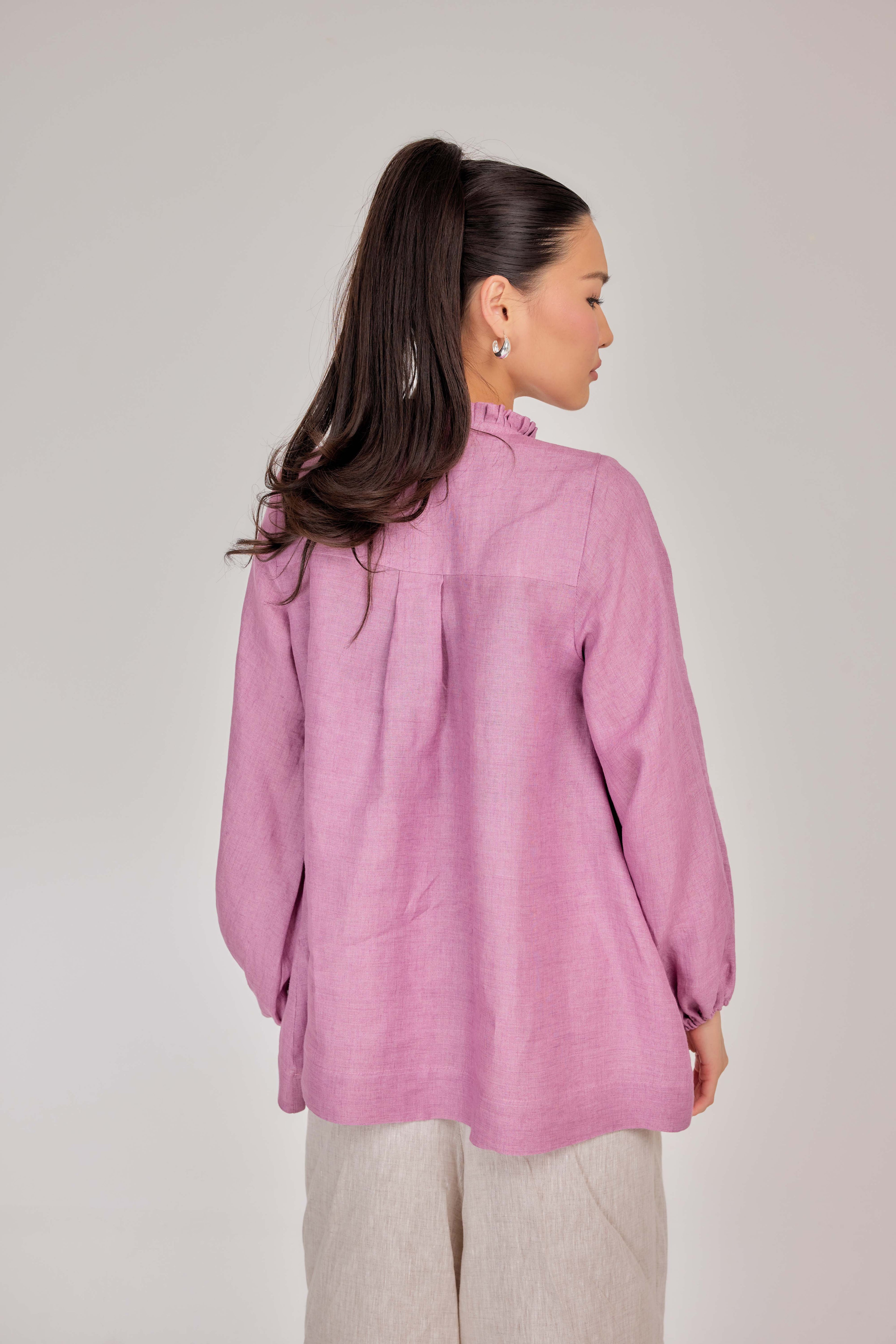 13 - The Heirloom Wave-Pleated Pure Linen Blouse in Raspberry