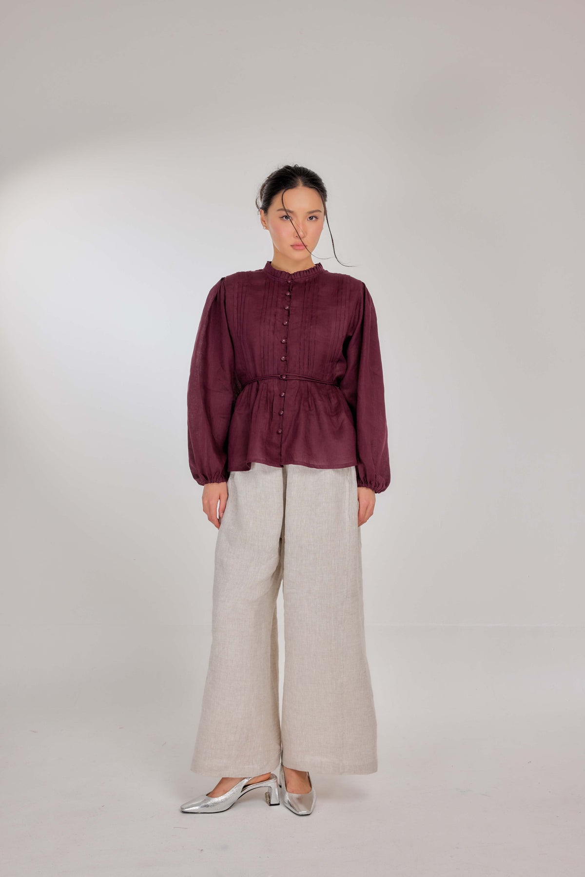 20 - The Daydream Tie-Waist Pure Linen Top in Vintage Berry