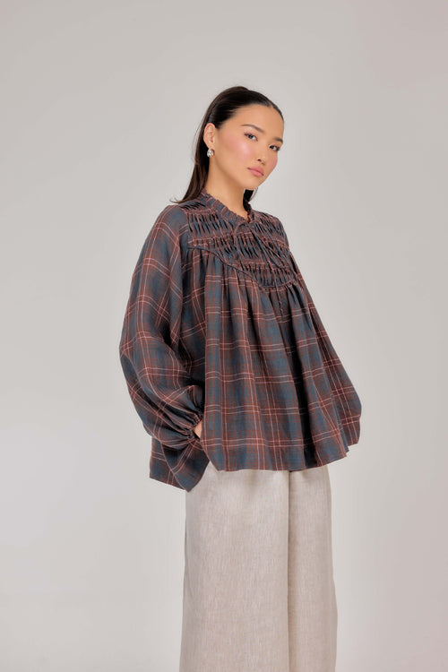 03 - The Heirloom Wave-Pleated Pure Linen Blouse in Scottish Plaid