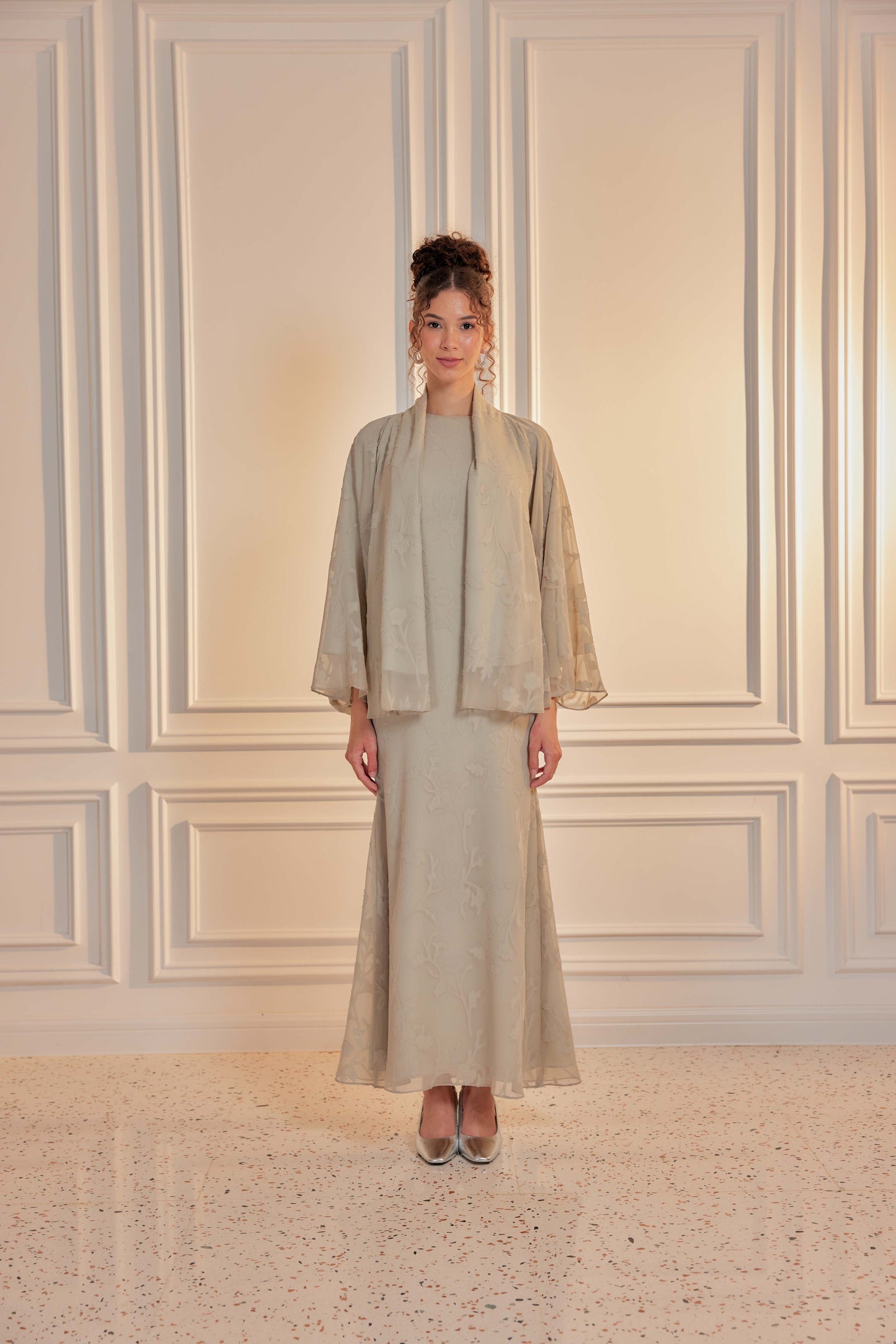 Venetta Two-piece Jacquard Chiffon Dress Set - Sage Matcha (Full Lining)