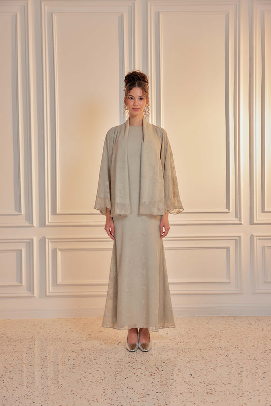 Venetta Two-piece Jacquard Chiffon Dress Set - Sage Matcha (Full Lining)