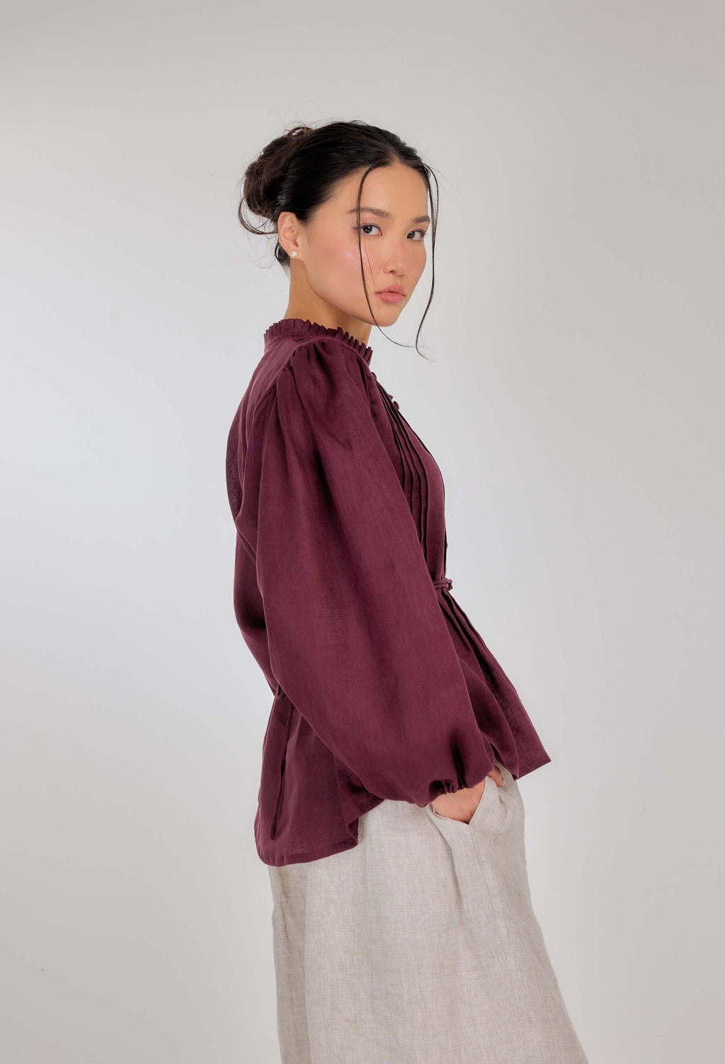 20 - The Daydream Tie-Waist Pure Linen Top in Vintage Berry