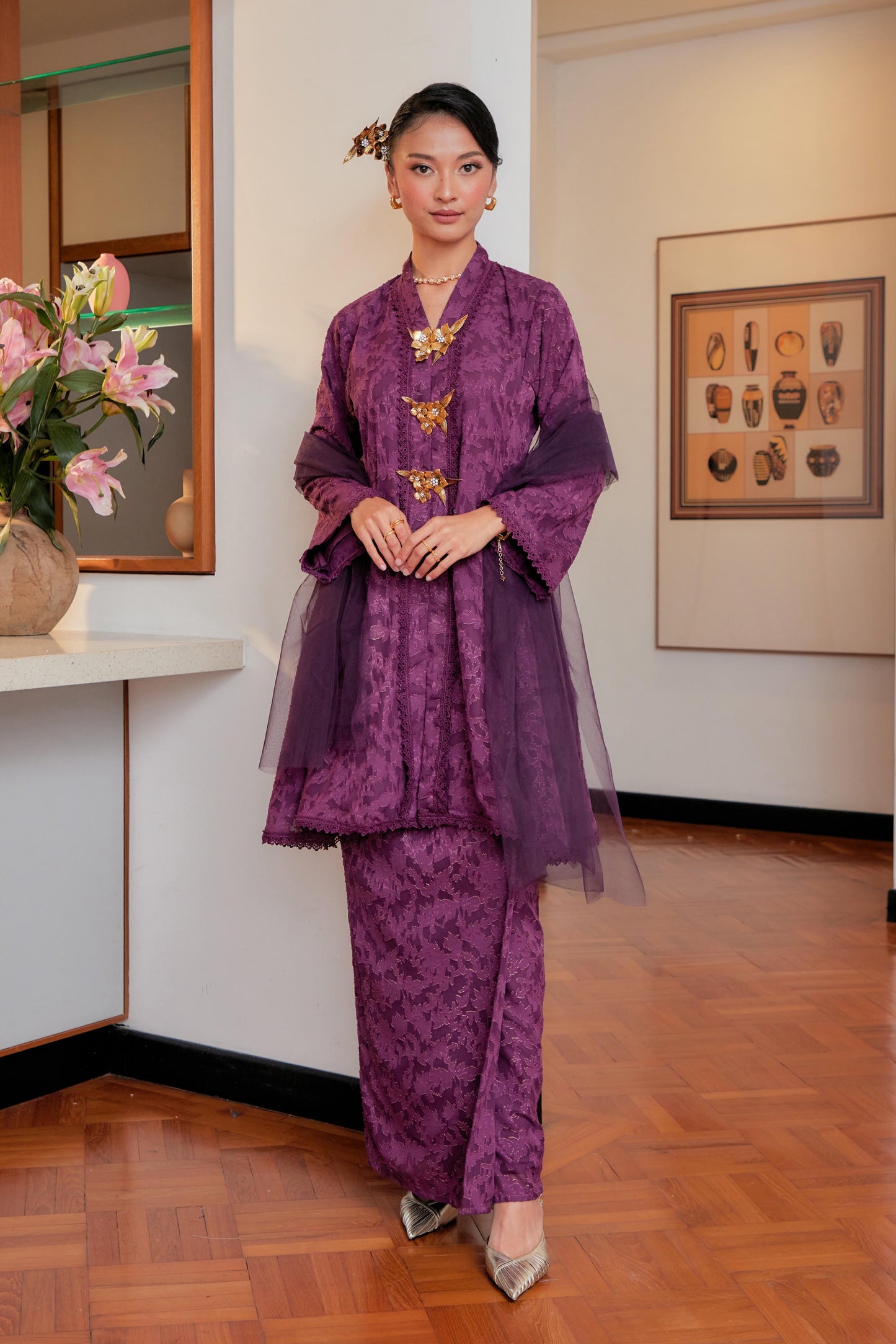 Purple Magenta - Jacquard Lace Kebaya Riau Set (Full Lining)