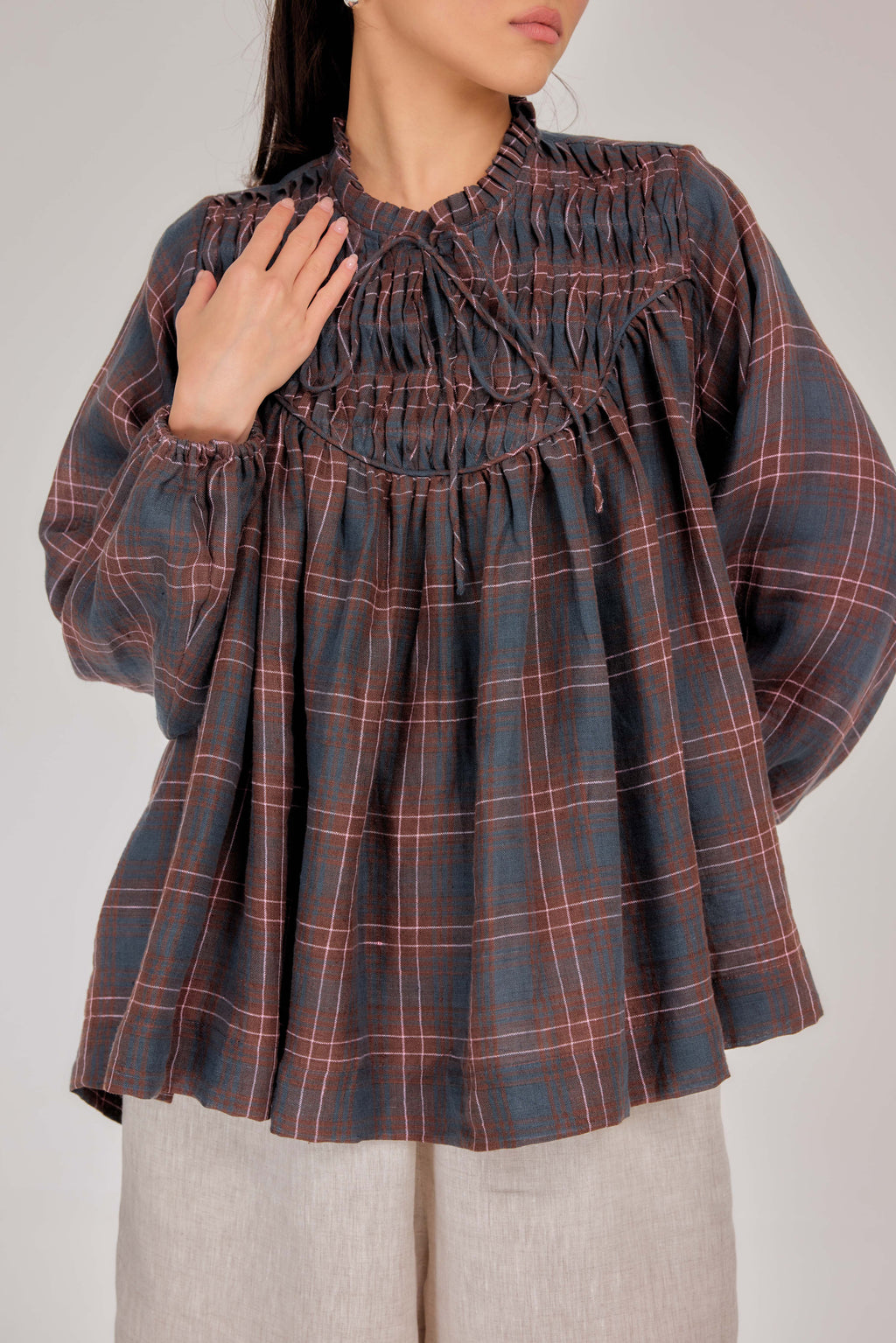 03 - The Heirloom Wave-Pleated Pure Linen Blouse in Scottish Plaid