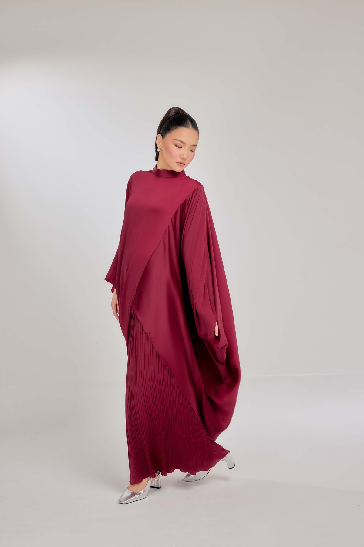 16 - Blood Maroon - Chanela Full Sleeve Kurung with Pleated Skirt Set