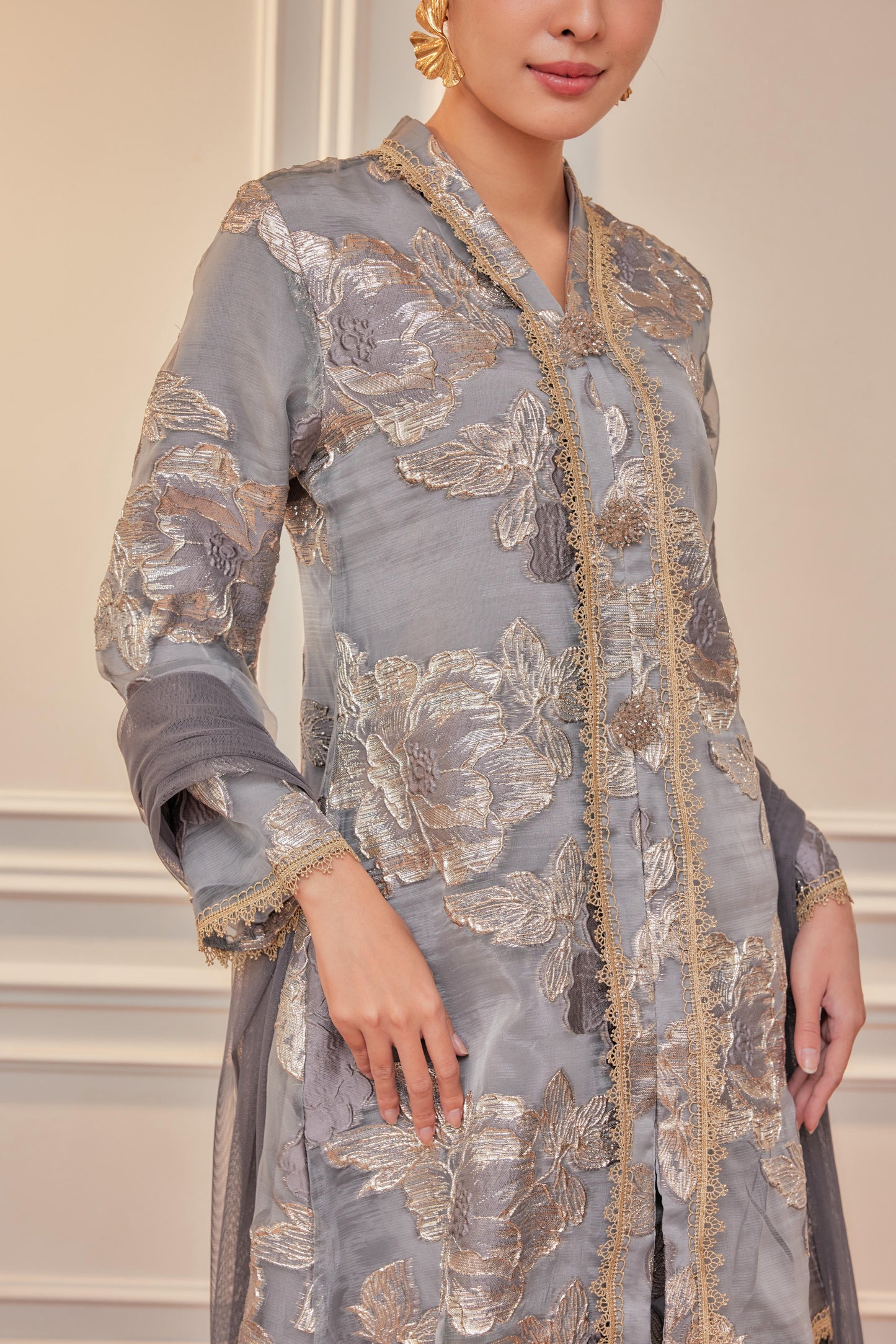 Gentle Gray - Raia Kebaya Organza Lace Set(Full Lining)