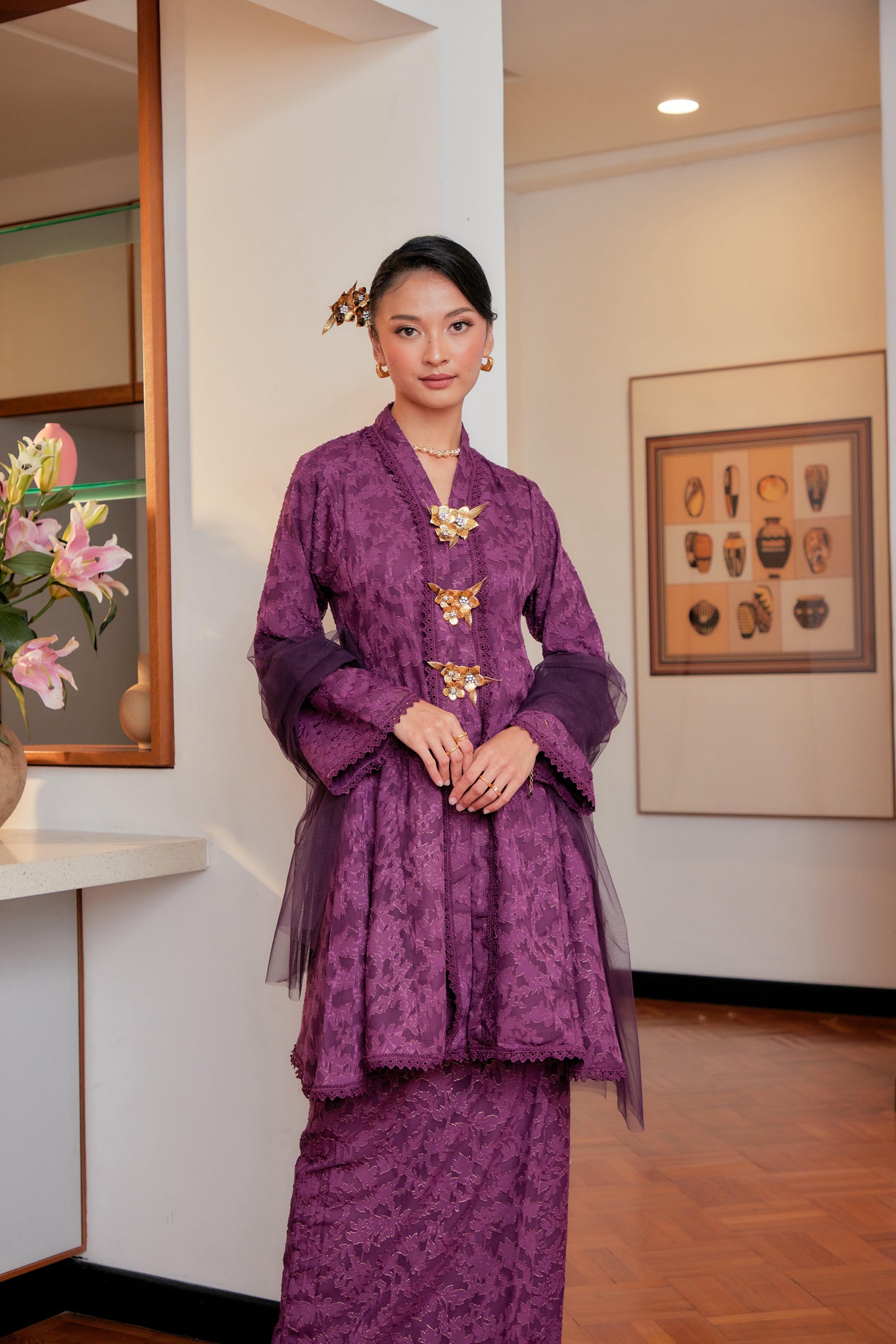 Purple Magenta - Jacquard Lace Kebaya Riau Set (Full Lining)