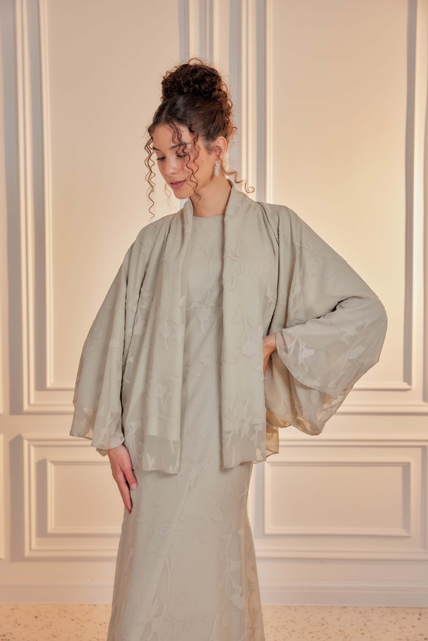 Venetta Two-piece Jacquard Chiffon Dress Set - Sage Matcha (Full Lining)