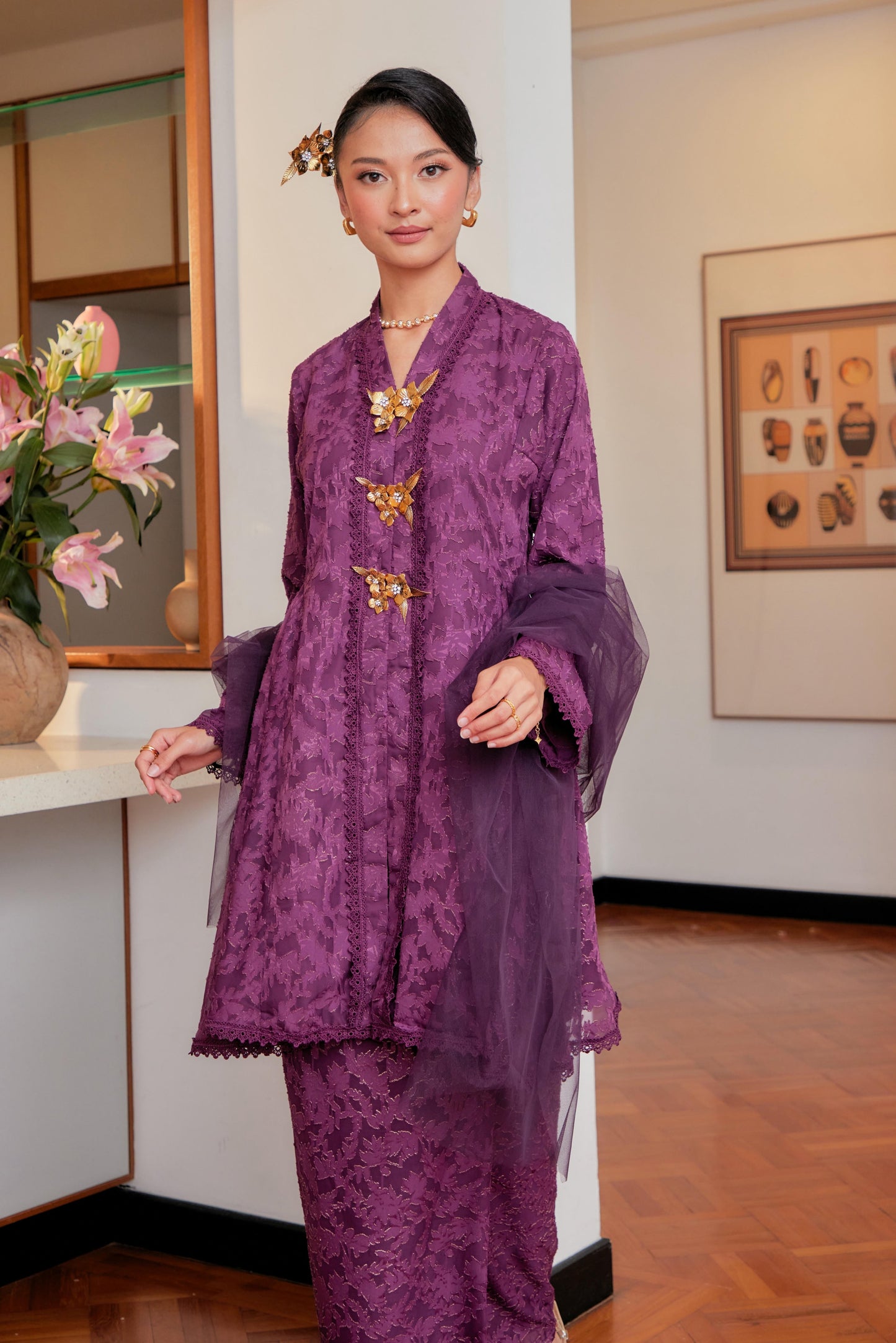 Purple Magenta - Jacquard Lace Kebaya Riau Set (Full Lining)