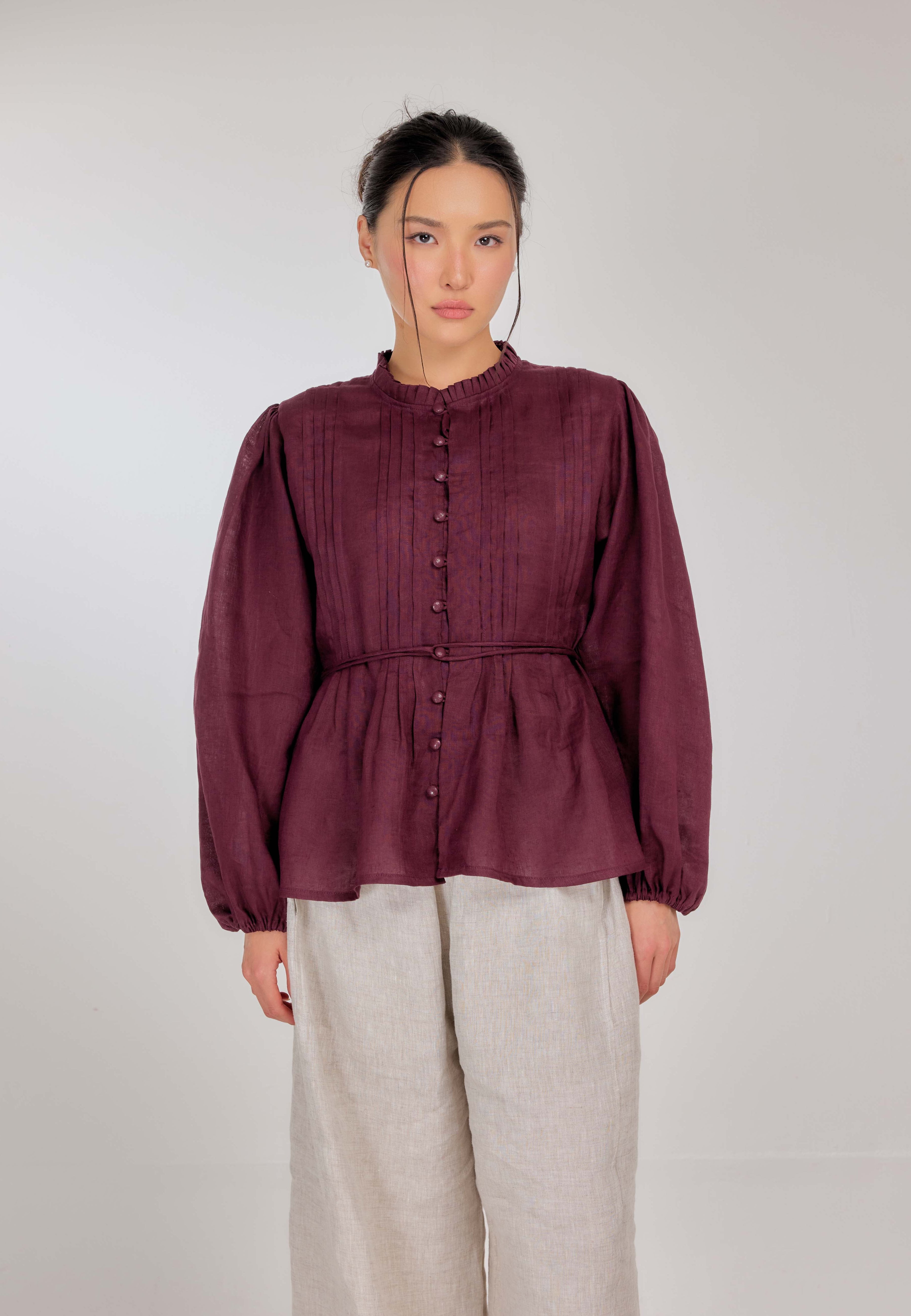 20 - The Daydream Tie-Waist Pure Linen Top in Vintage Berry