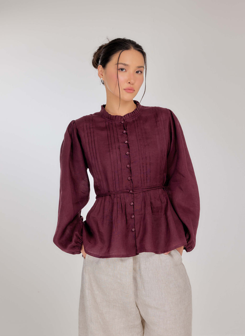 20 - The Daydream Tie-Waist Pure Linen Top in Vintage Berry