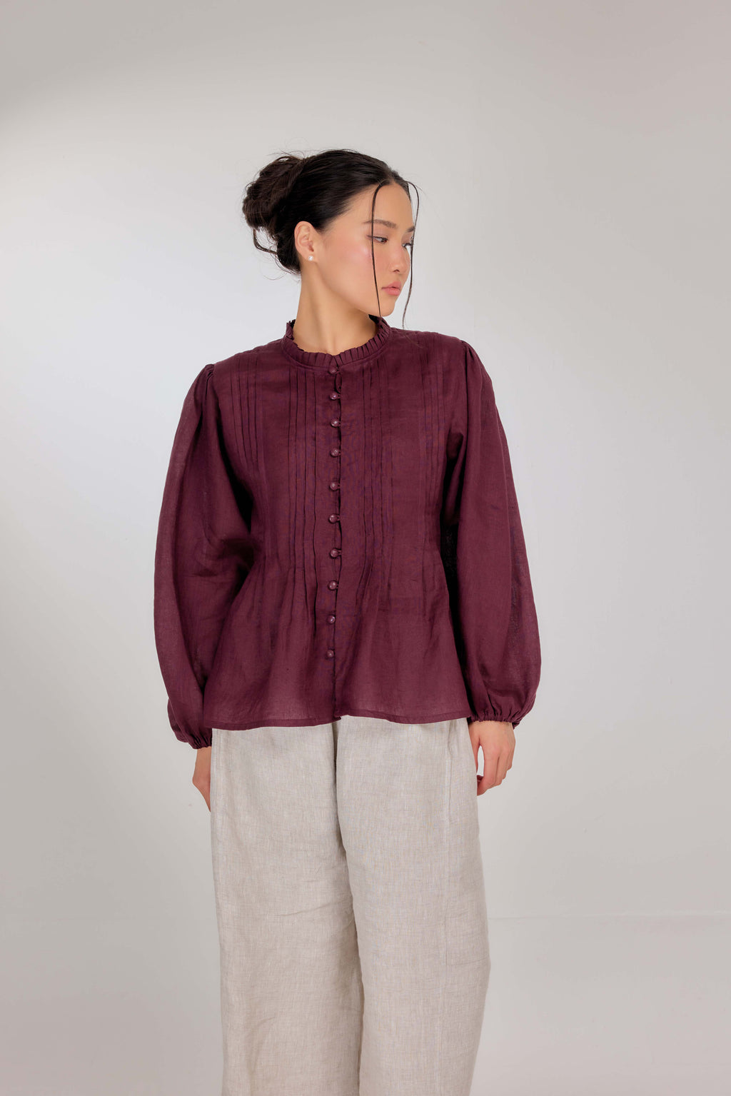 20 - The Daydream Tie-Waist Pure Linen Top in Vintage Berry