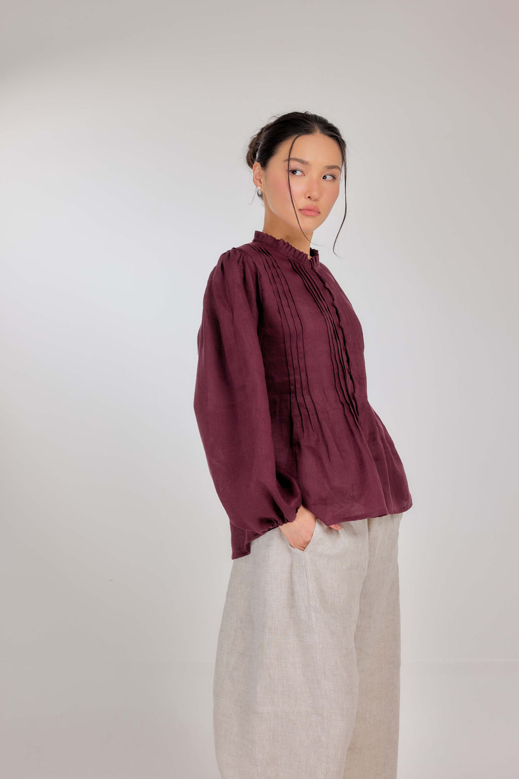 20 - The Daydream Tie-Waist Pure Linen Top in Vintage Berry