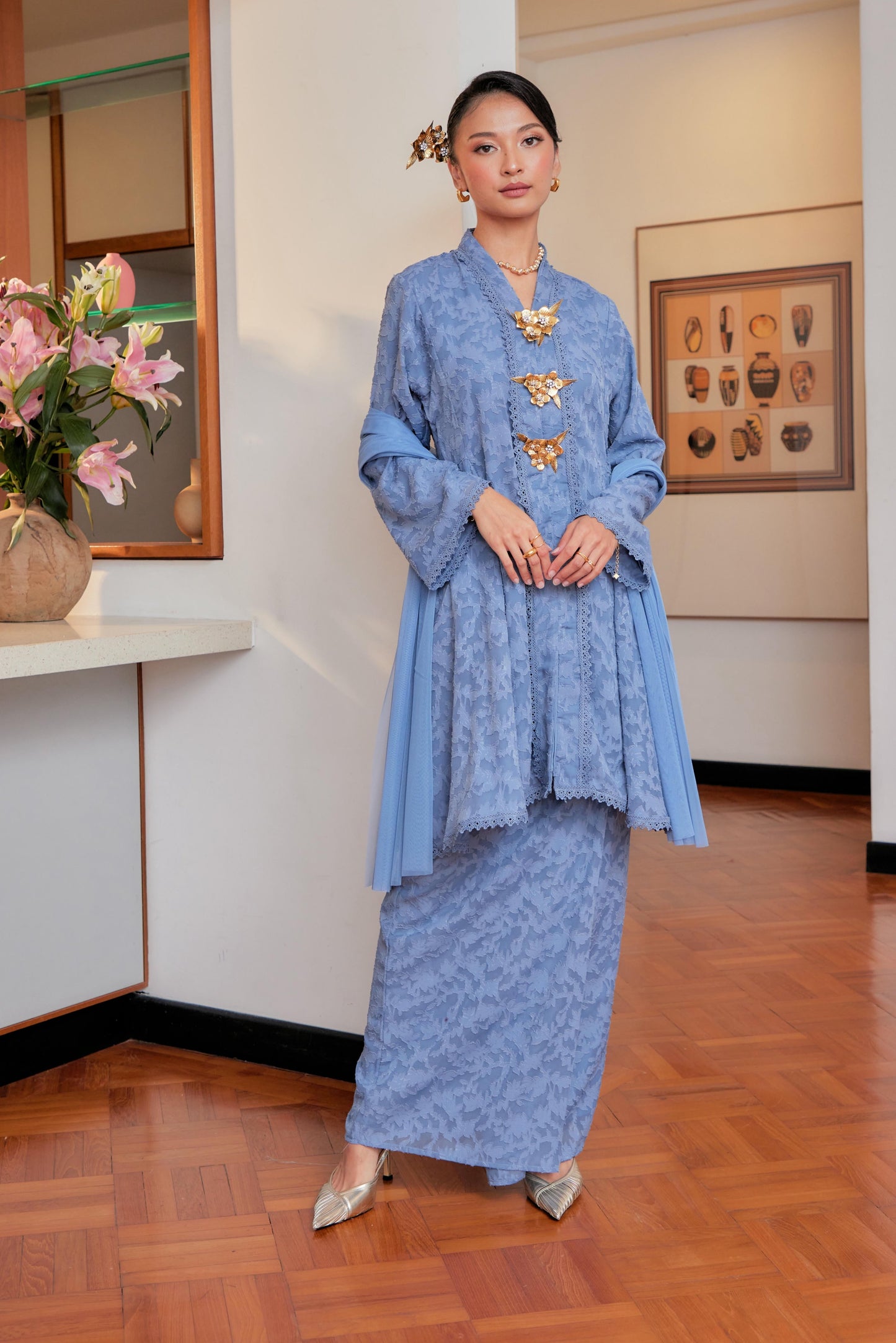 Hydrangea Blue - Jacquard Lace Kebaya Riau Set (Full Lining)