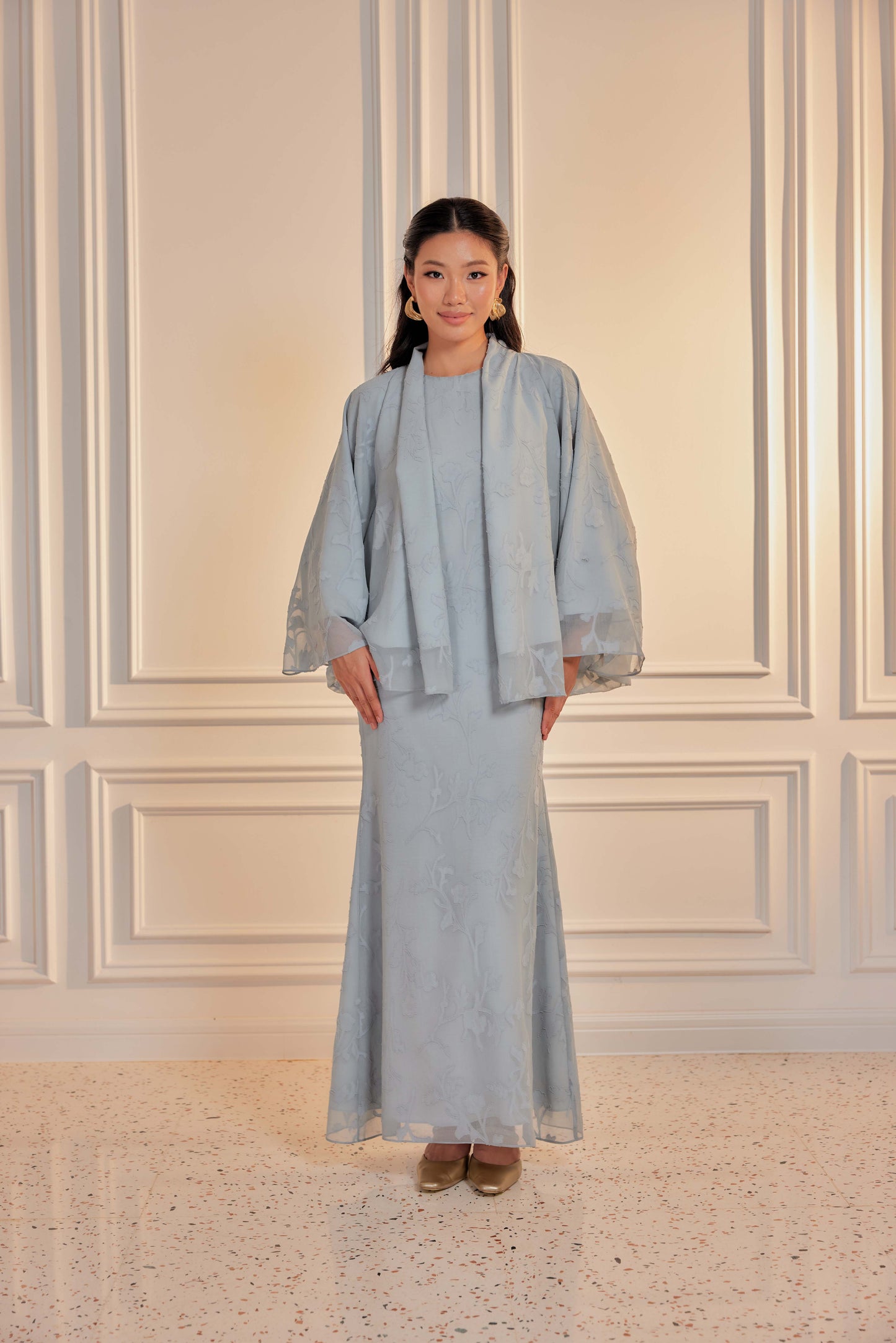 Venetta Two-piece Jacquard Chiffon Dress Set - Retro Blue (Full Lining)
