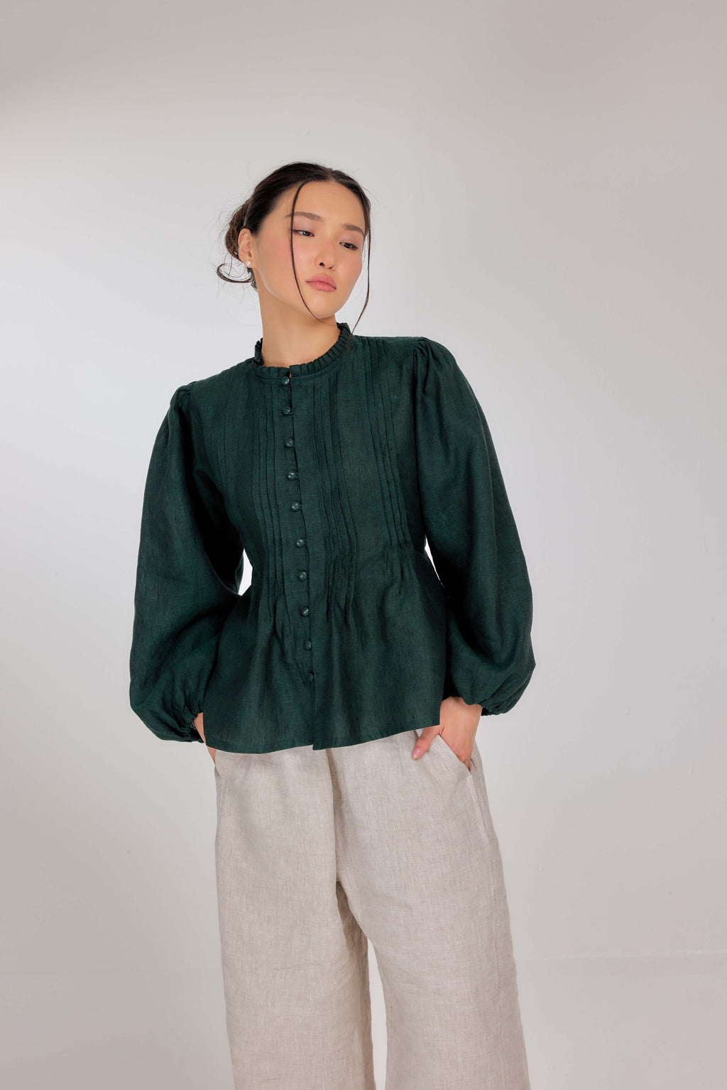 19 - The Daydream Tie-Waist Mélange Pure Linen Top in Anywhere Forest