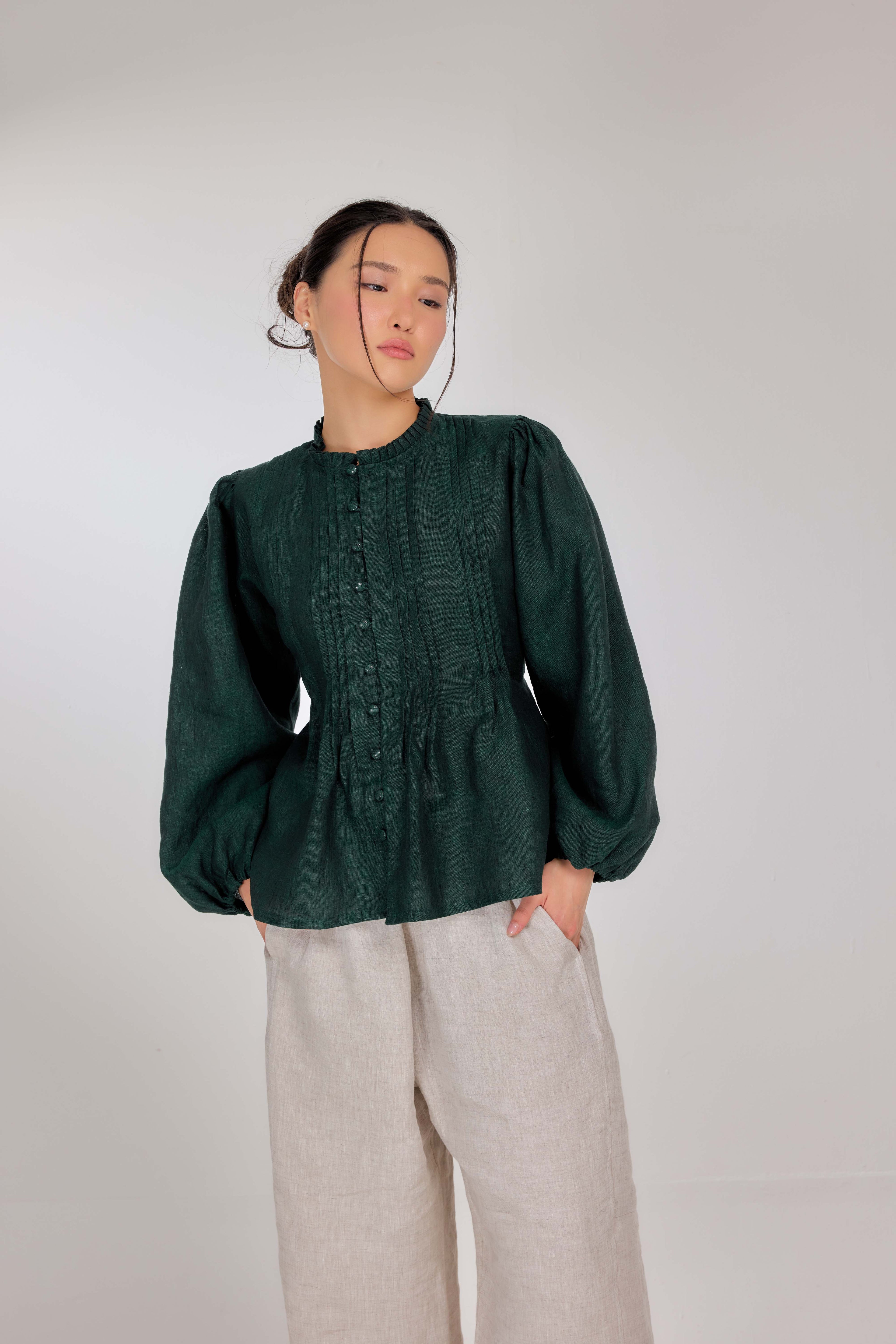 19 - The Daydream Tie-Waist Mélange Pure Linen Top in Anywhere Forest