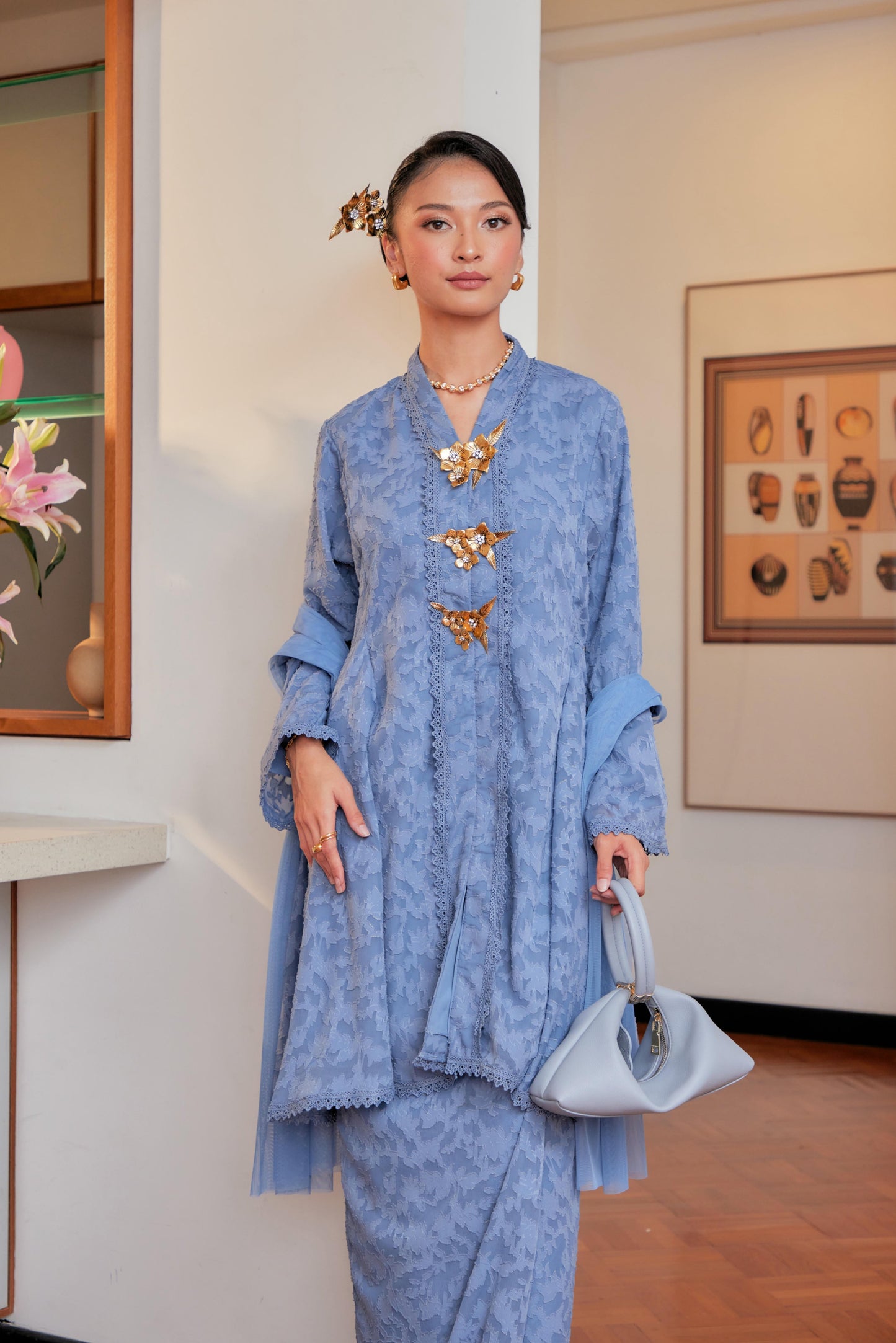 Hydrangea Blue - Jacquard Lace Kebaya Riau Set (Full Lining)