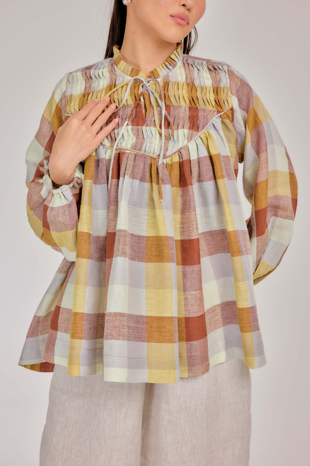 17 - The Heirloom Wave-Pleated Pure Linen Blouse in Sunday Brunch Plaid