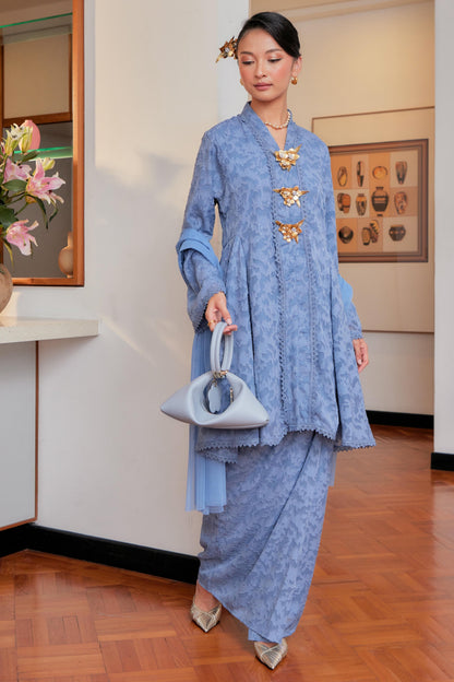 Hydrangea Blue - Jacquard Lace Kebaya Riau Set (Full Lining)