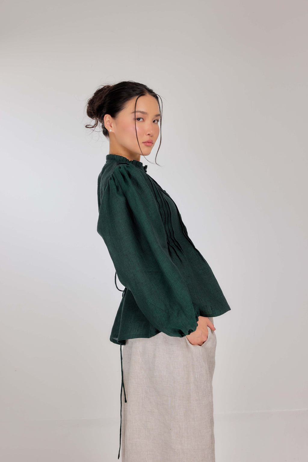 19 - The Daydream Tie-Waist Mélange Pure Linen Top in Anywhere Forest