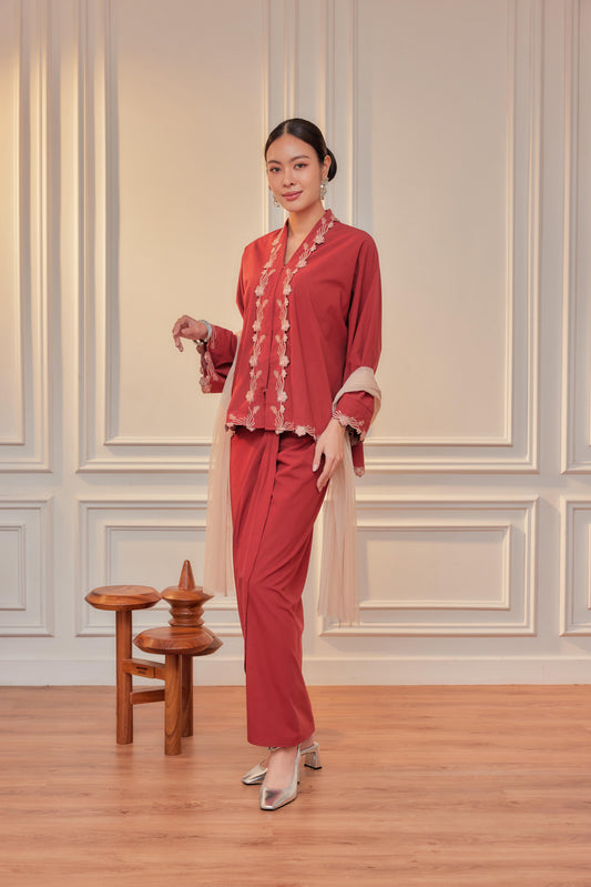 Merah Bata - Indah Melur Sulam Kebaya Cotton Set