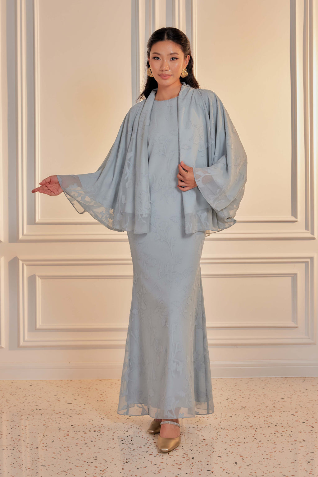 Venetta Two-piece Jacquard Chiffon Dress Set - Bayu Biru (Full Lining)