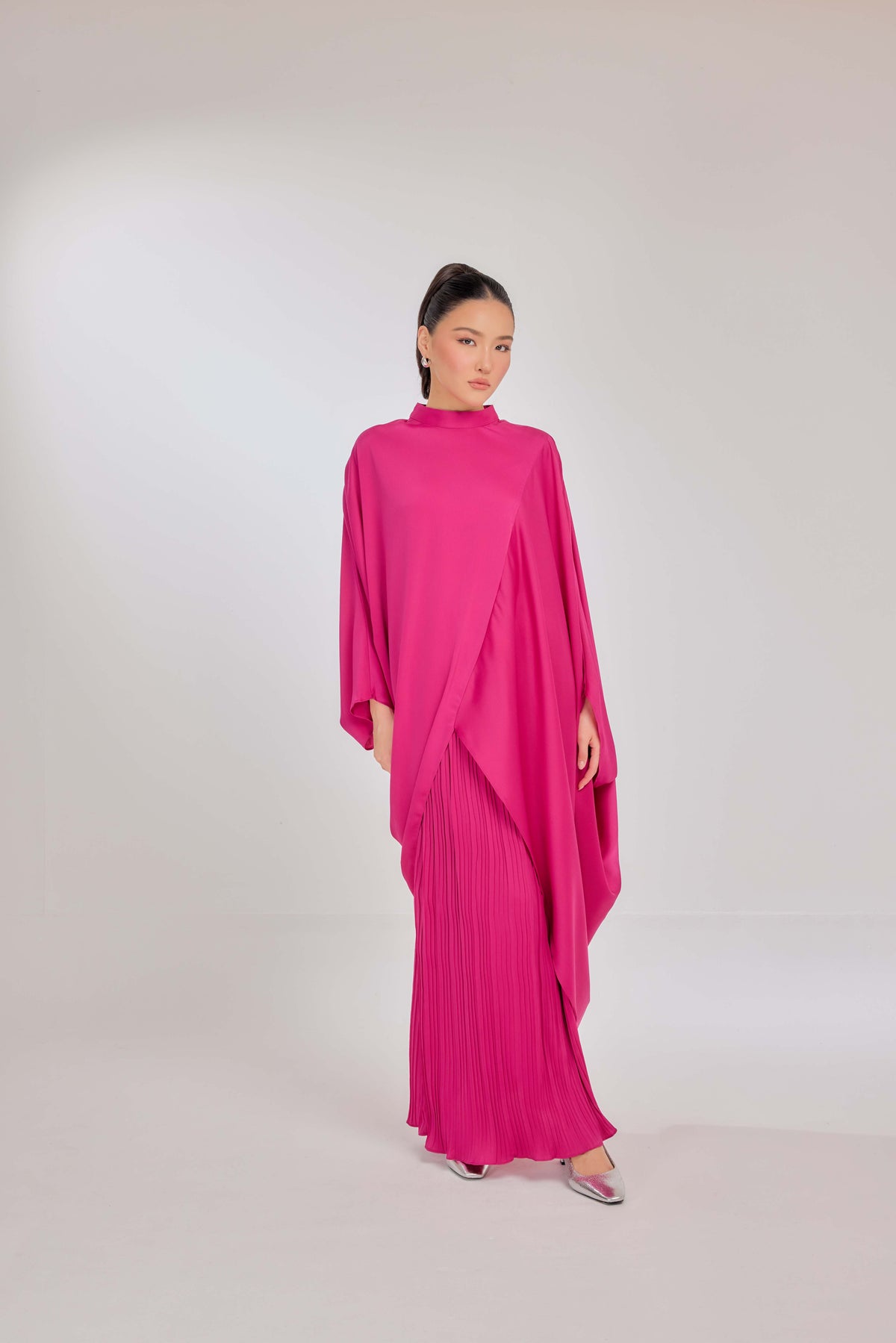 17 - Flaming Fuchsia - Chanela Full Sleeve Kurung with Pleated Skirt Set