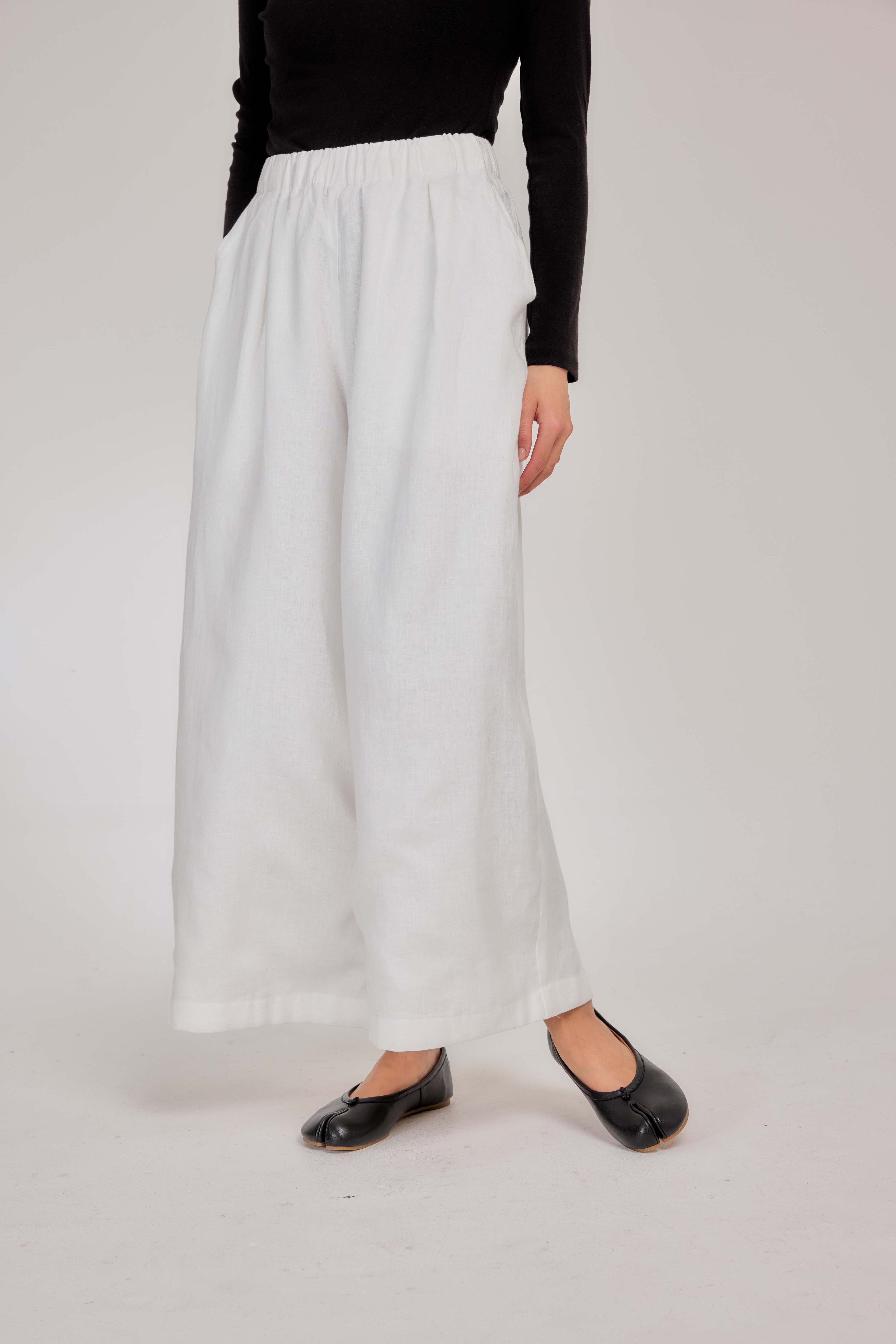 01 - Relaxed Barrel Pure Linen Pants in White Akoya Pearl (Full Cotton Lining)