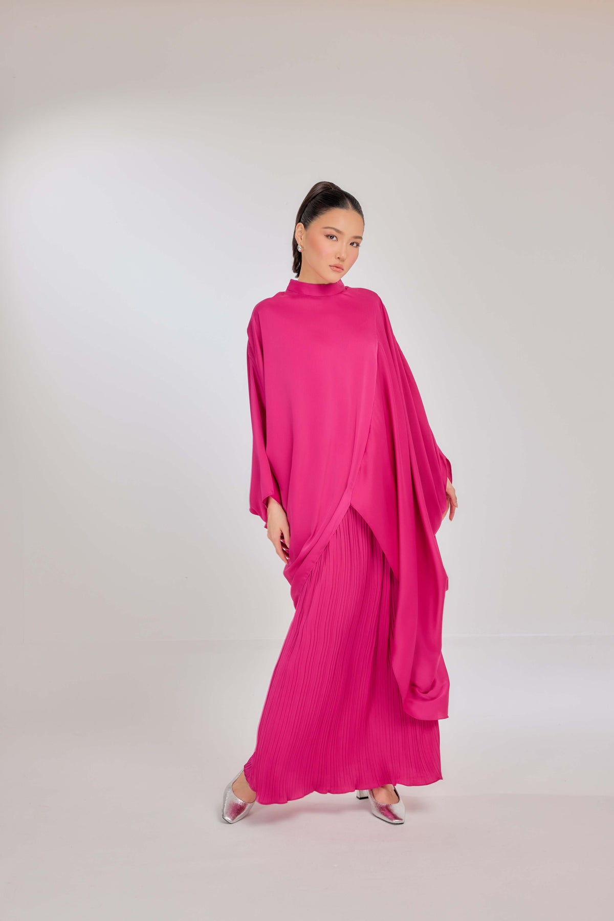 17 - Flaming Fuchsia - Chanela Full Sleeve Kurung with Pleated Skirt Set
