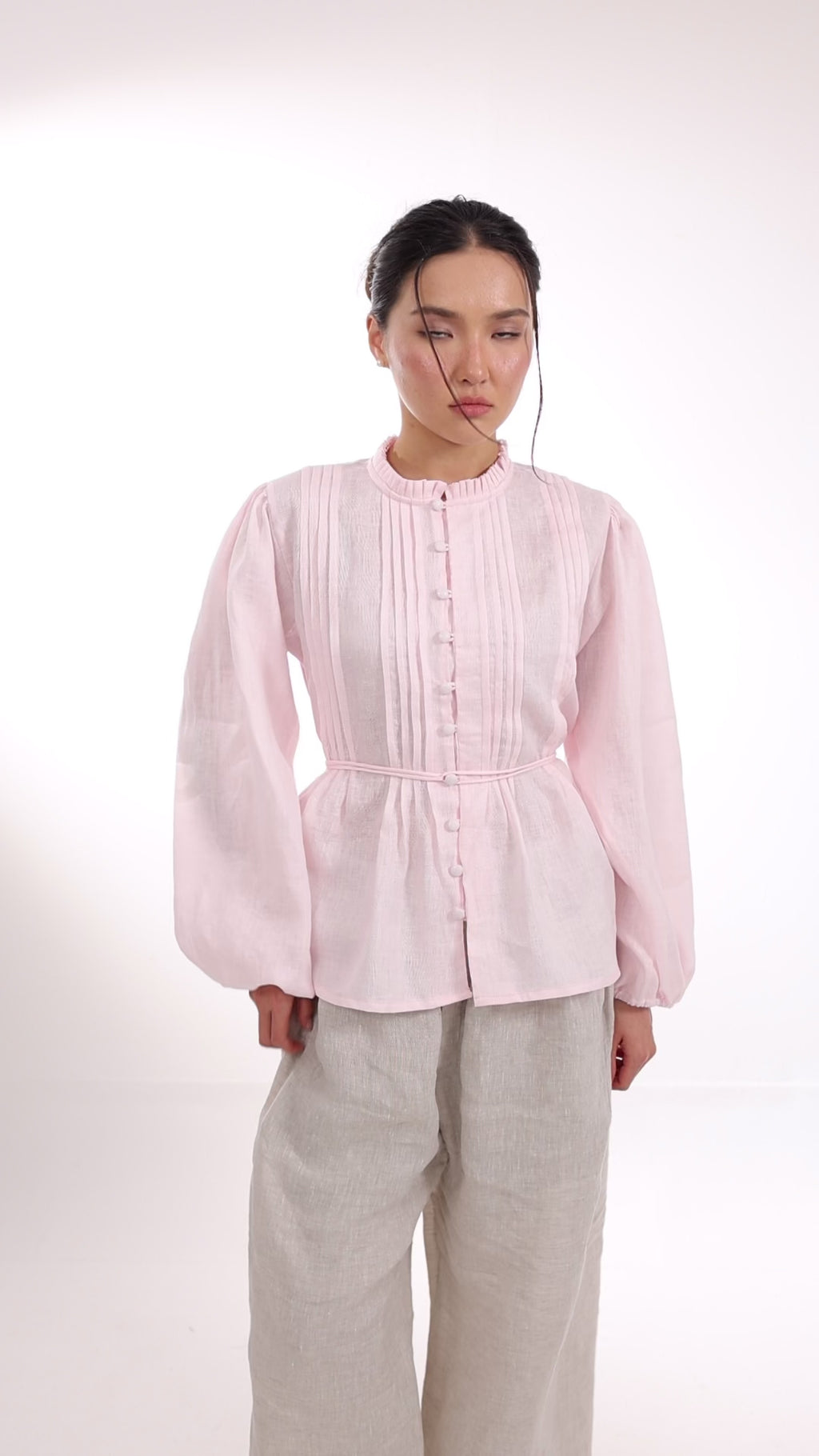 14 - The Daydream Tie-Waist Pure Linen Top in Penelope Pink